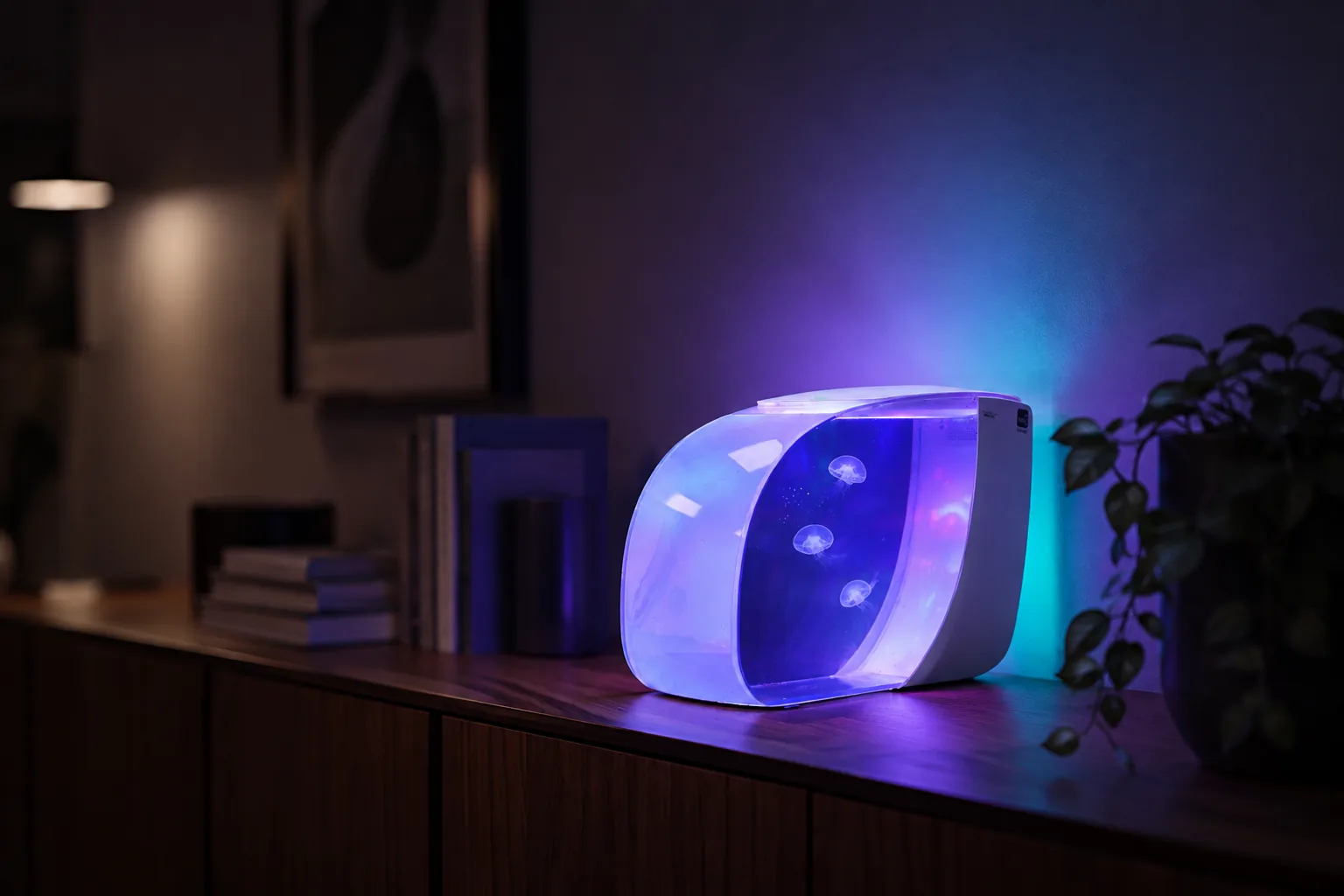 Aquário Kreisel iluminado com águas-vivas em uma sala residencial