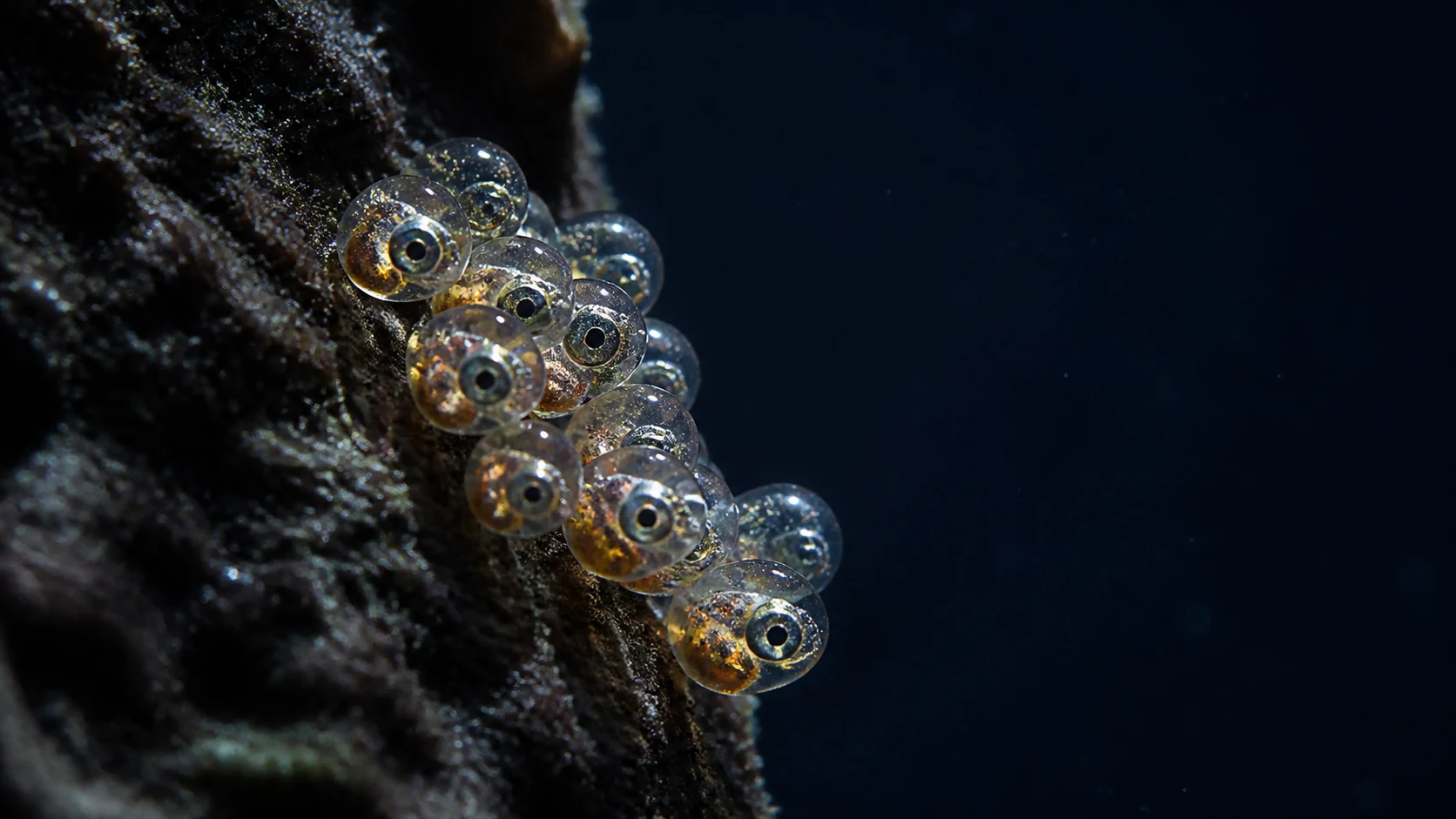 Ovos de peixe-palhaço em desenvolvimento vistos em macrofotografia