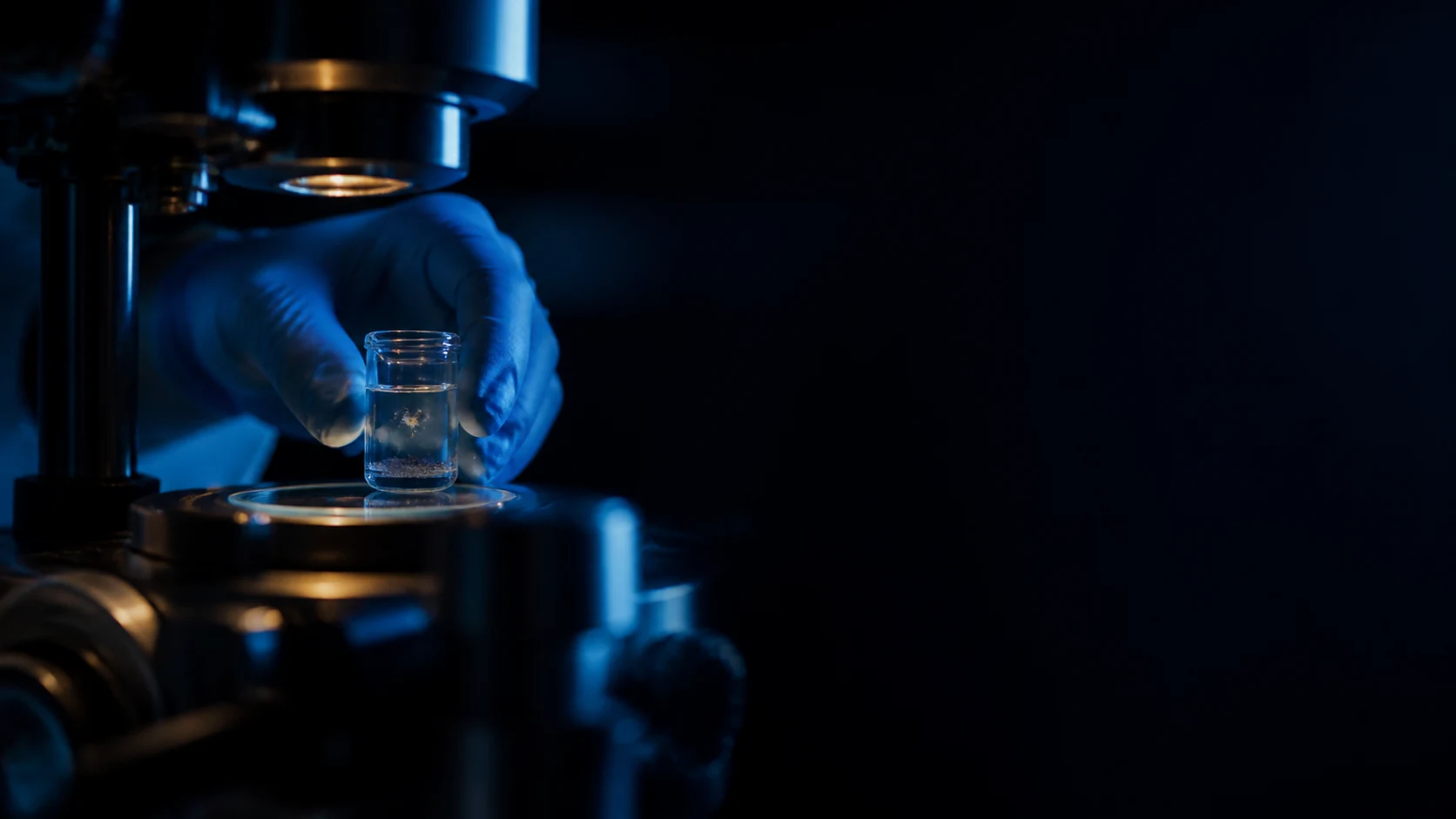 Pesquisa em nutrição aquícola em laboratório sob iluminação azul